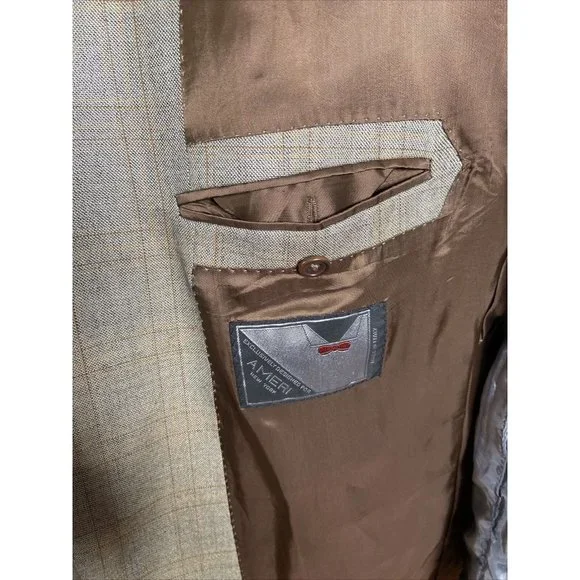 44 RBrown Tan Over Check Plaid SILK WOOL 2-vent Blazer Jacket Coat E. THOMAS